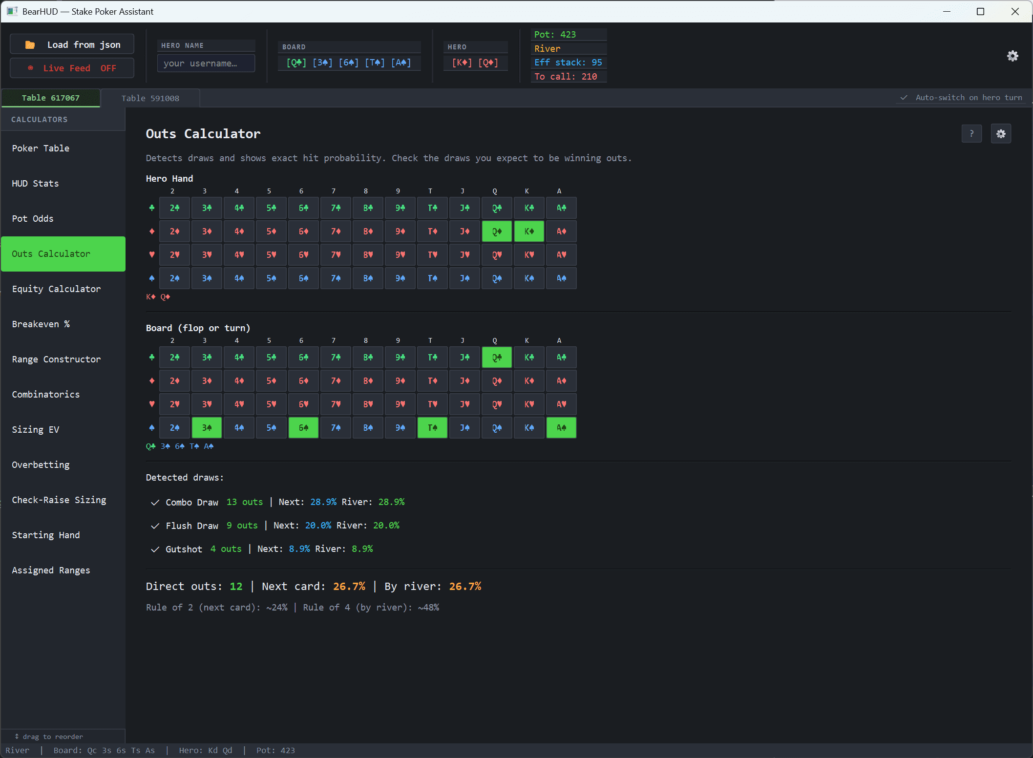 BearHUD outs calculator showing draw probabilities